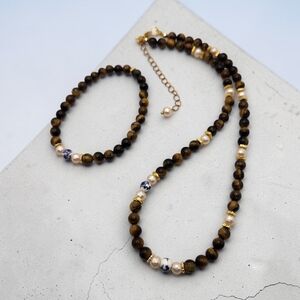 Gold-Tone Tiger Eye Bead Necklace & Bracelet Set